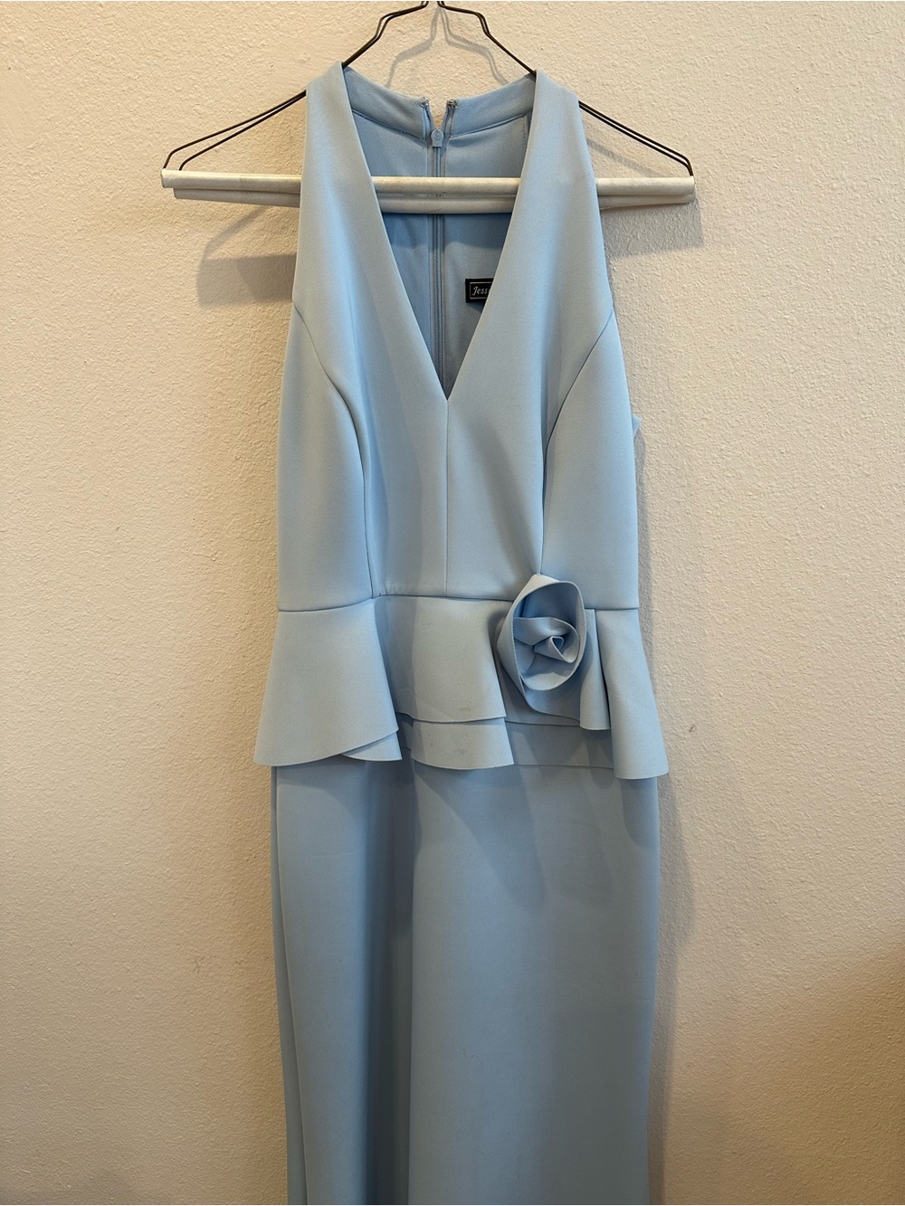 Jessica Howard Light Blue V-Neck Peplum Maxi Dress with Rosette